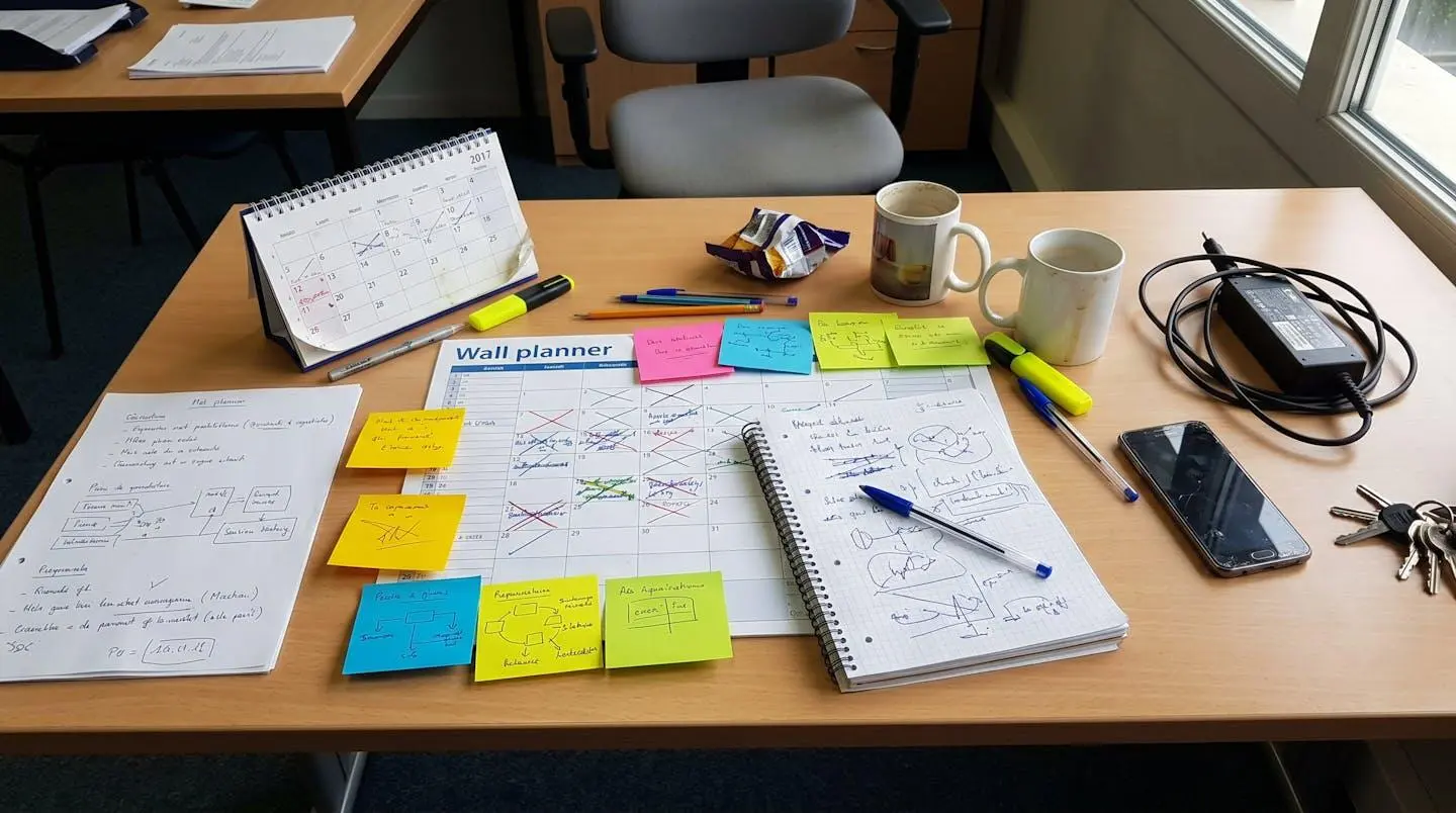 Gros plan sur un calendrier de bureau avec des annotations manuscrites floues mentionnant des sites et des dates d'entretien, une main tenant un stylo ajoute une note