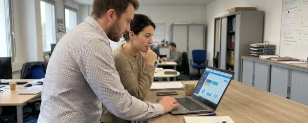 Une responsable RH et un manager de site échangent debout devant un écran d'ordinateur dans un espace de travail lumineux et contemporain