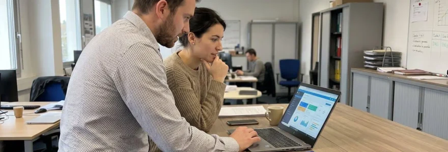 Une responsable RH et un manager de site échangent debout devant un écran d'ordinateur dans un espace de travail lumineux et contemporain