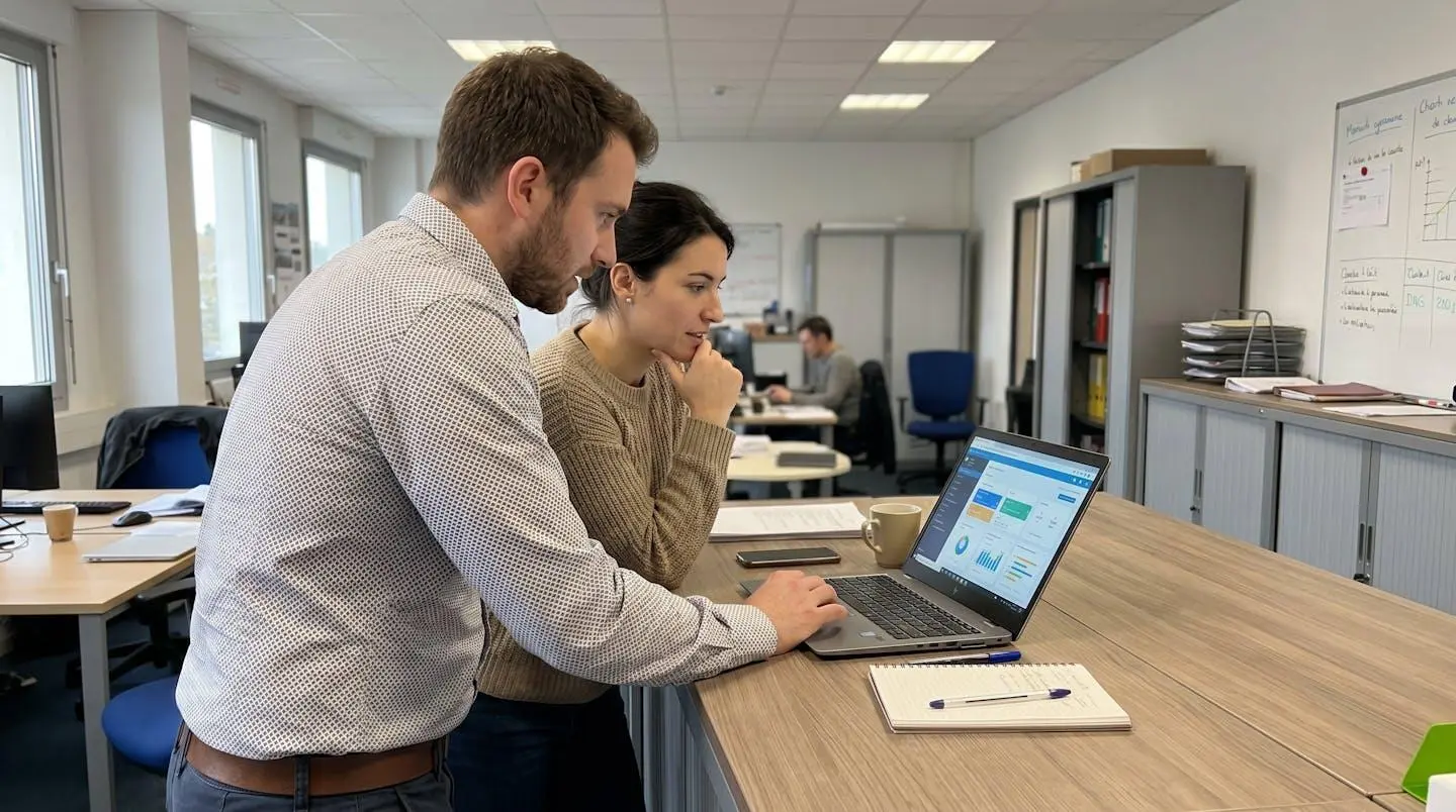 Une responsable RH et un manager de site échangent debout devant un écran d'ordinateur dans un espace de travail lumineux et contemporain