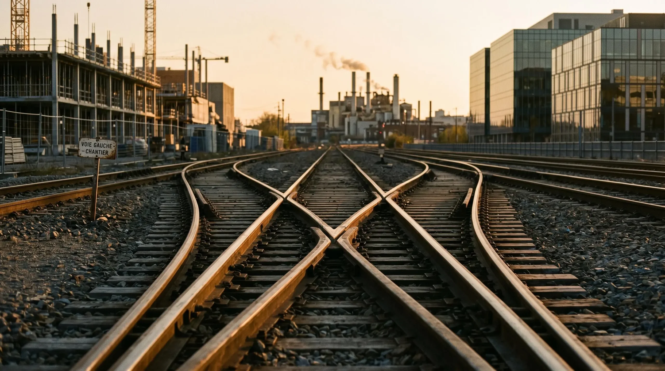 Bifurcation de voies ferrées se séparant en trois directions, chacune menant vers un paysage industriel différent en arrière-plan