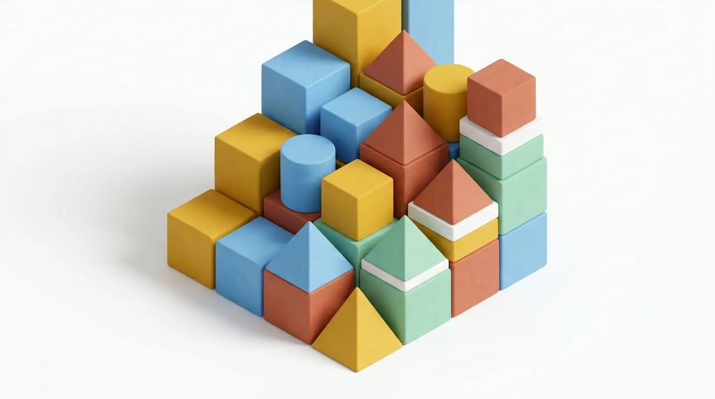 Blocs géométriques colorés en 3D (cubes, cylindres, pyramides) s'assemblant pour former une structure ascendante cohérente