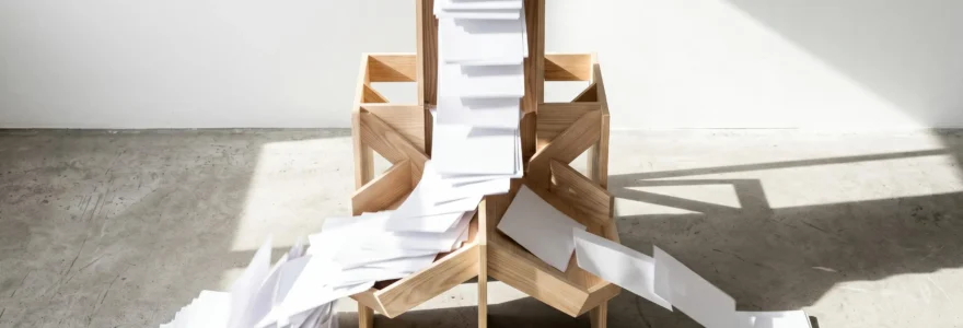Mécanisme de tri en bois dirigeant des feuilles blanches vers deux piles distinctes, la pile de gauche étant nettement plus volumineuse que celle de droite